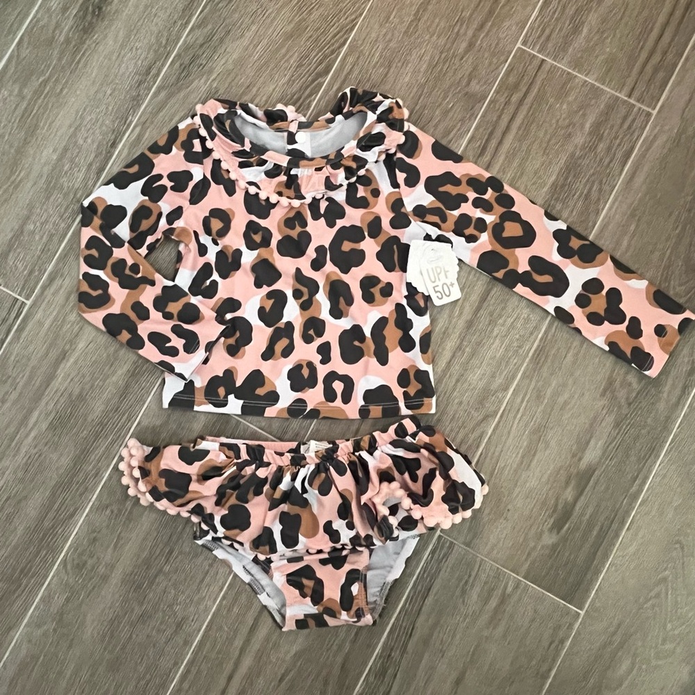 NWT- Mud Pie Pink, Brown & Black Leopard Print Long Sleeve Bathing Suit